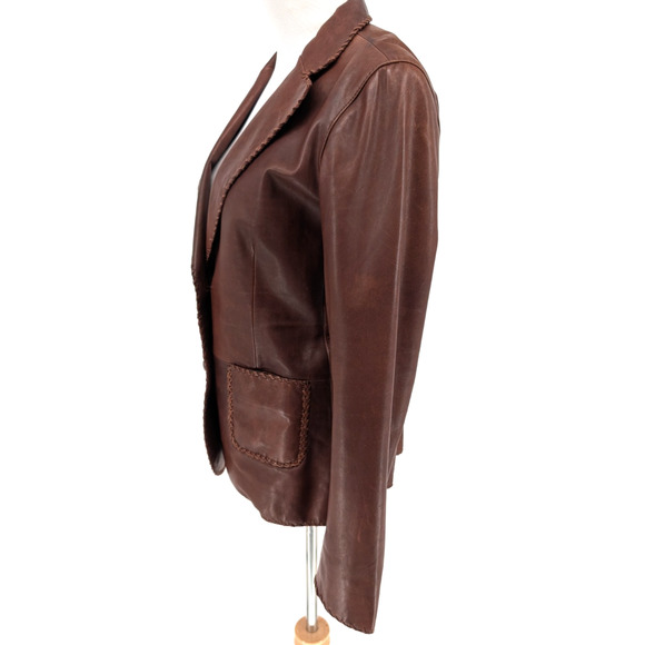 VTG Rizal Neiman Marcus Brown Leather Whip Stich Boho Western Blazer Medium Wmns - Picture 3 of 10
